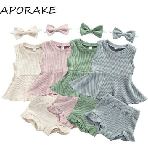 2021 0-24M Newborn Baby Girl Clothes Set 4 Colors Solid Sleeveless Top Dress+Shorts+Headband Summer Knit 3pcs Outfits