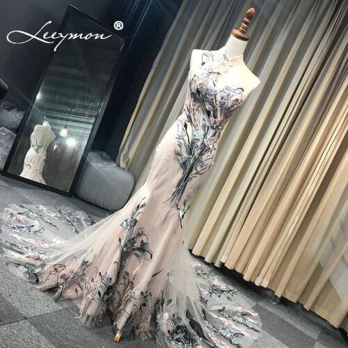 Leeymon Mermaid Lace Appliques Evening Dress Sleeveless Illusion Back robe de soiree 2020 Elegant Vestido De Noche