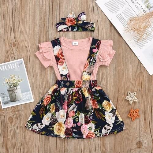 Summer baby girl clothes, T-shirt, top, floral sling skirt, headband suit, 2-piece suit, childrens suit