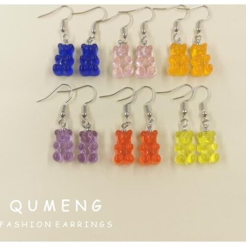 QUMENG Cute Colorful Candy-Colored Cartoon Sequin Resin Bear Gummy Pendant Earrings 2021 Hot Selling Fashion Creative Jewelry