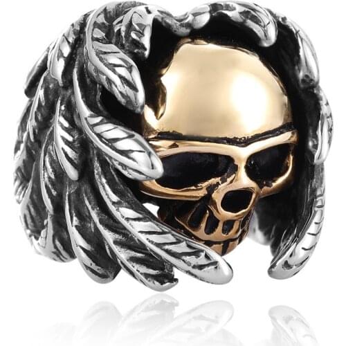 Men punk gold skull angle feather ring 316l stainless steel popular jewelry