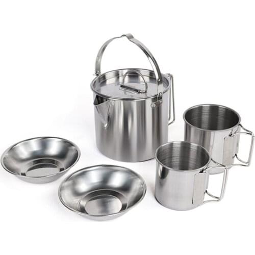 Outdoor Tableware Set Stainless Steel Kettle Cooking Kettle Set with 2 Water Cups 2 Bowls Pot Teakettle Water Pots 5pcs