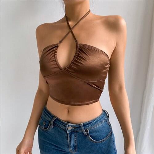 Sexy Y2K Halter Crop Tops Women Summer Backless Strappy Camis Ladies Fashion Brown Fitness Tank Vest Party Streetwear