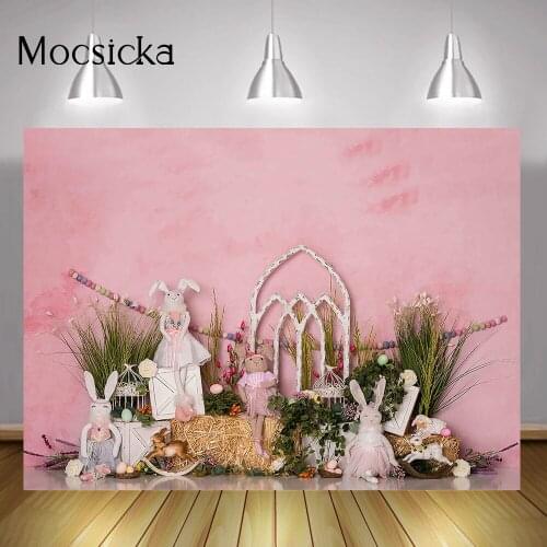 Pink Sweet Bunny Portrait Backdrop Spring Newborn Rabbit Birthday Cake Smash Photo Background Flowers Green Easter Photography