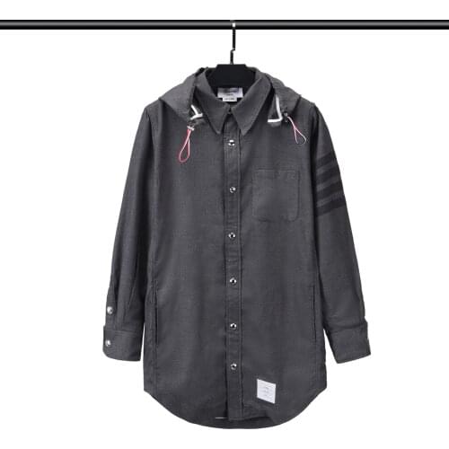 TB THOM Brand Shirt For Men Wool Hooded Striped Casual Blouse Women Loose Long Design High Quality Korean Design Luxury Jacket