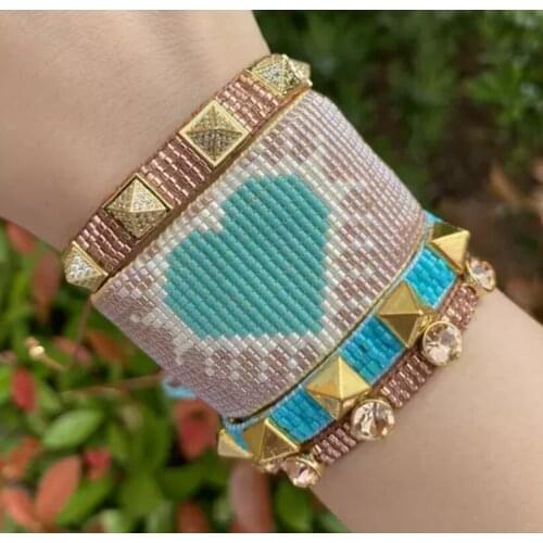 Pretty Bead Fashion Handmade Miyuki Heart Bracelet Charm Copper Micro Rivet Crystal Rhinestone Bracelet