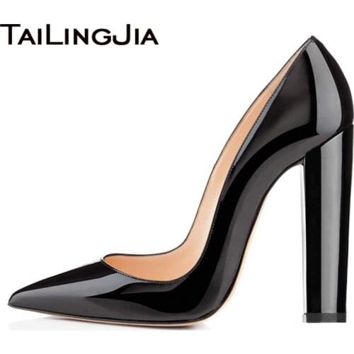 Black Classic Pumps Women High Heels Pointed Toe Patent Leather Shoes Ladies Elegant Chunky Heel Large Size Career Party Shoe