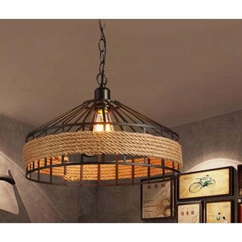 Vintage Industrial Hemp Rope Ceiling Lamp Home Bar Restaurant Round Chandelier Decorative Night Light (Without Bulb)