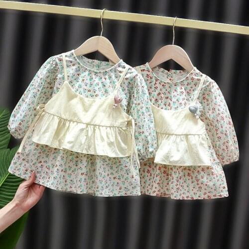2Pcs Vintage Baby Girls Clothes Set Summer Cotton Girls Floral Dresses Blouse Shirt Sling Vest Spring Children Clothing Outfits
