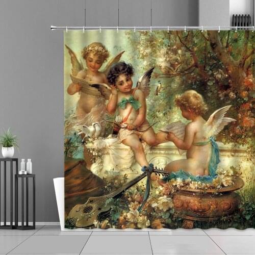 Retro Cute Angel Doll Shower Curtain Fabric Hook Bathroom Curtains Waterproof Bathtub Screen Home Decoration Wall Cloth Tapestry