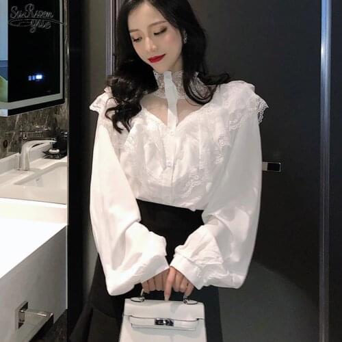 Sexy Lace Shirts Women Ruffles Turtleneck Autumn New Womens Tops and Blouses Puff Sleeve Sweet White Black Blusas De Mujer 10783