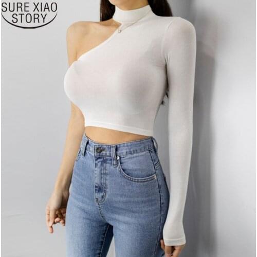 Korean Summer Sexy Off Shoulder Tshirt Cotton Long Sleeve Summer Tops for Women Short T-shirt Round Collar Blusas Tees 16077