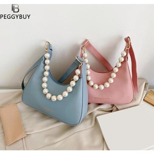 Fashion Women Solid Color PU Leather Shoulder Underarm Bag Casual Ladies Pearl Chain Small Hobos Handbags Purse Shopping Bag