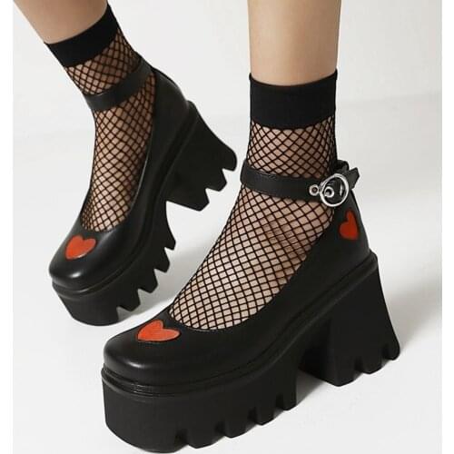 Womens Lolita Belt Buckle Heart Patent Leather Gothic Punk Pumps Shoes Platform Chunky High Heel Creepers Japanese Harajuku 2021