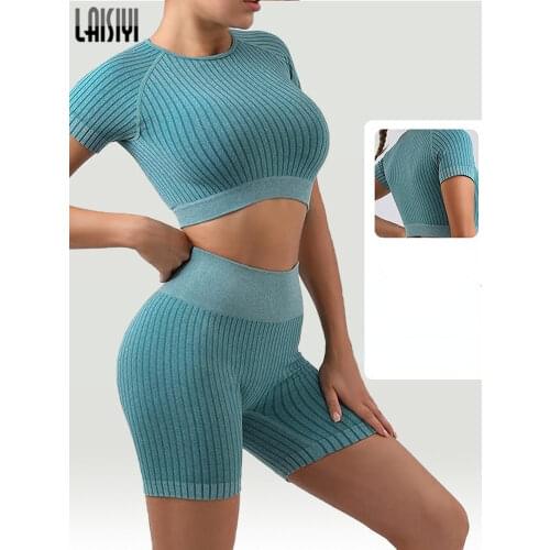 Womens Tracksuit Casual Summer Suit Fitness Solid Tee Shirt Leggings Set Gym Short Sleeve Crop Top Sportswear Women Sets 2021