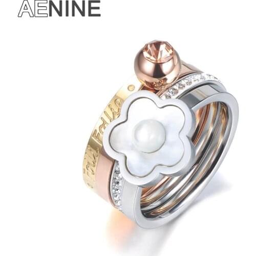 AENINE Stainless Steel Fine Ring Jewelry Plum Blossom Shell & Cubic Zirconia Bridal Wedding Engagement Rings For Women AR18011