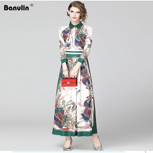Banulin Runway Designer 2020 Spring Shirt Dresses Women Long Sleeve Robe Fashion Print Beach Holiday Maxi Dresses Vestdios