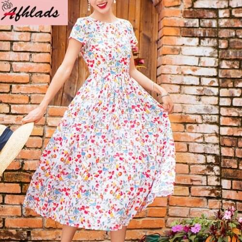 Round Neck Floral Dress Women 2020 Spring And Summer New Short Sleeved Printed High Waist Elegant Vintage Mid-Calf Dress