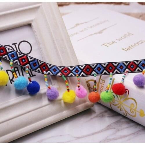 1Yards/Lot Ethnic Embroidery Lace Ribbon Silk Tassel Silk Tassel Fringe Trim Round Ball Tassel Pom Pom Trim Beads Accessories