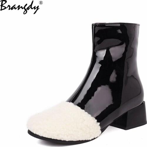 Brangdy Fashion Women Ankle Boots Soft PU Leather Lamb Wool Splicing Women Shoes Round Toe Zipper Women Winter Boots With Fur