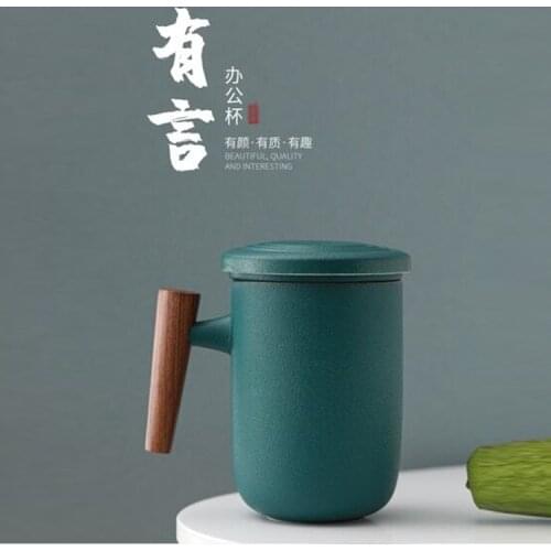 Tea cup with lid, tea separation and filtration cup, creative wooden handle water cup, ceramic office cup