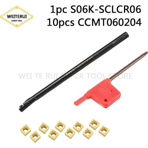 1PC S06K-SCLCR06 Turning Tool Holder + 10pcs CCMT060204 Inserts with Wrench For CNC Lathe Tool