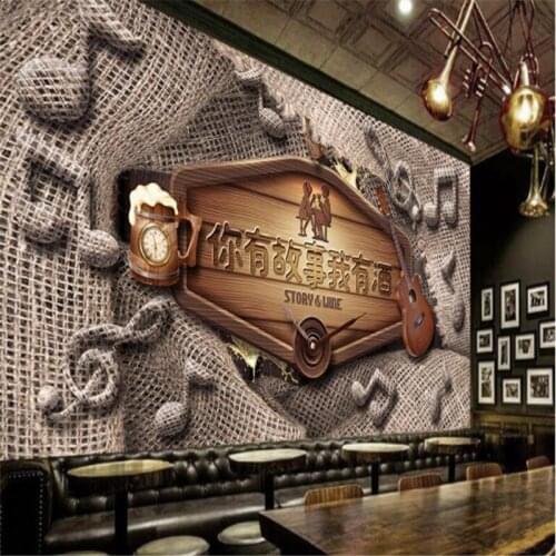 Beibehang Custom mural retro vintage burlap wood barrel musical notes photo wall stickers tooling bar background wallpaper