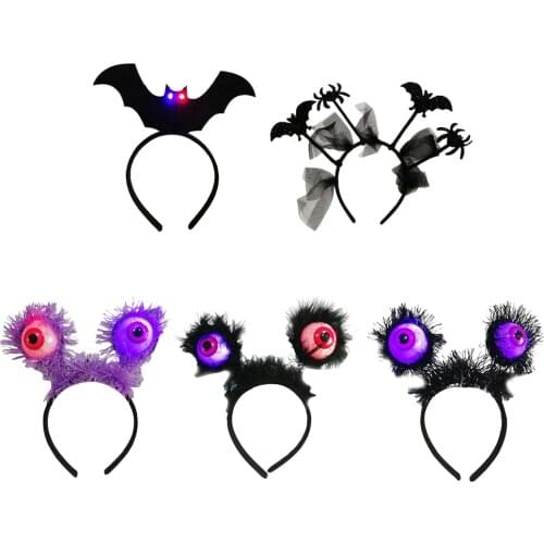 Halloween Black Bat & Spider Headband & LED Light Up Large Eyeball for Boys Girls