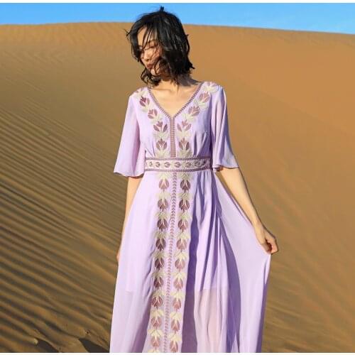Jastie Boho Beach Dress 2021 Autumn New Women Holiday Long Maxi Dresses Retro Floral Embroidered Chiffon Dress Female Vestidos