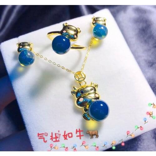 Birzuteria damska set gioielli donna argento 925 Mexican gold blue amber silver three-piece ring pendant earrings Really natural