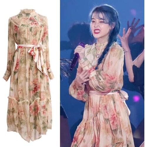 Kpop IU Lee Ji Eun Summer Temperament Lantern Long Sleeves Chiffon Dress Women Sexy High Waist Floral Print Beach Midi Dresses