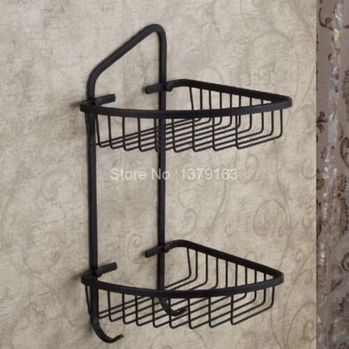Oil Rubbed Bronze Wall Mounted Large Corner Dual Layer Shower Storage Basket and Robe Hook aba067