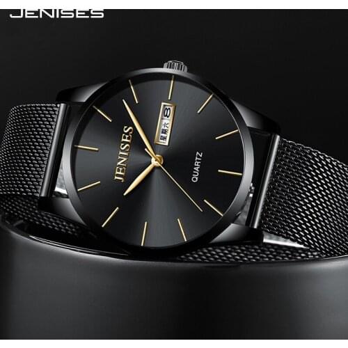 JENISES 7.5mm Ultra-thin Dial Mens Watch Black Quartz Clock Wristwatches for Men Stainless steel & leather Strap Styles Watches