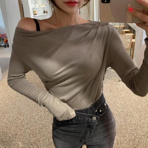 New Women Elegant Based Tight Long Sleeve Slim Off-the-shoulder Pleated Solid Color T-shirt