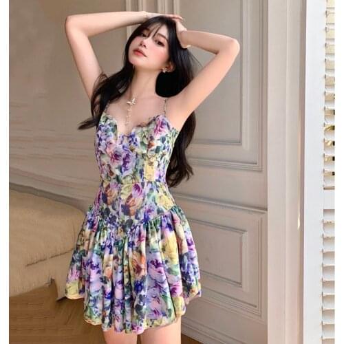 2021 New Vacation Print Summer Dress High Waist Sexy Mini Dresses Chic Ruffles Women Dress Beach New Robe Femme Backless Slim