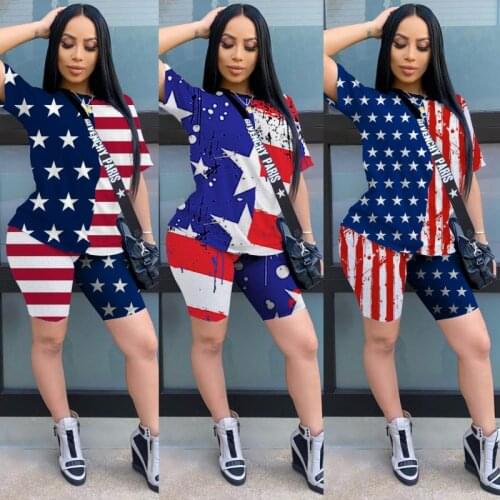 2021 Summer New Style Womens Fashion Sexy Sports Casual Flag Print Two Piece Suit