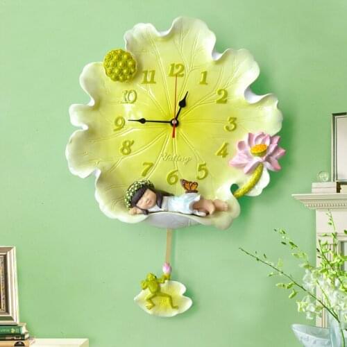 Pastoral Creative Lotus Leaf Angel Wall Clocks Resin Ornaments Crafts Home Mute Wall Clock Cartoon Cute Boy Girl 3D Wall Sticker