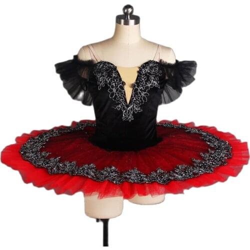 GDC Off-Shoulder Professional Ballet Dance Tutu Performance Costume Black Velvet Bodice with Red Pancake Tutu Skirt BLL044