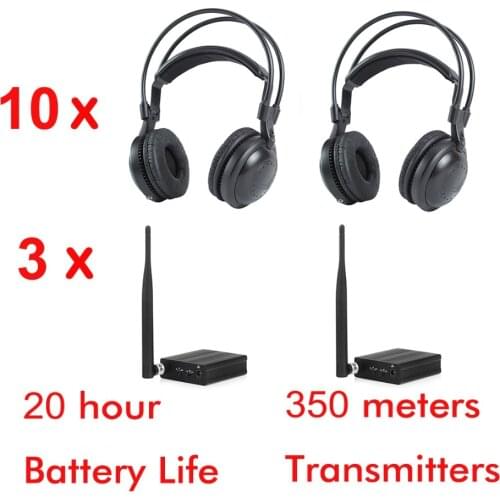 Professional 500m 3 channel ultra low bass classical silent disco headphones package - 10pcs headphones and 3 transmitters