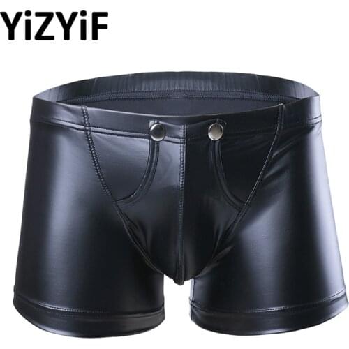 Sexy Men Lingerie Faux Leather Boxer Shorts Erotic Open Front Bulgh Pouch Porno Mini Latex Pants Male Gay Underwear Underpants