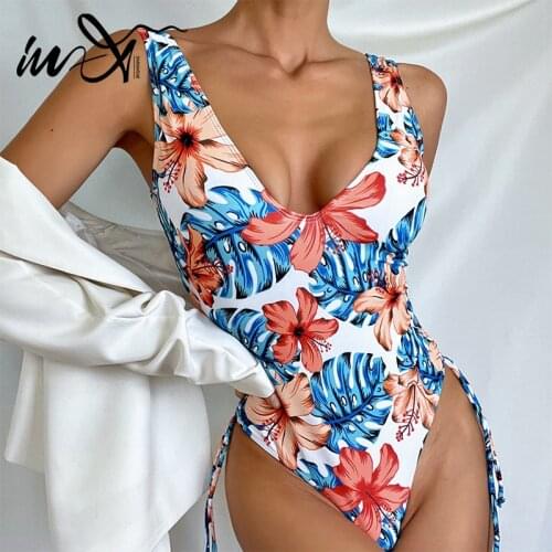 In-X Floral print one piece swimsuit womens swimming suit Drawstring swimwear female 2021 V-neck bathing suit Sexy beach wear