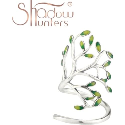 SHADOWHUNTERS 100% Real 925 Sterling Silver Tree Ring With Green Enamel Leaves For Women Wedding Jewelry Unique Adjustable Rings