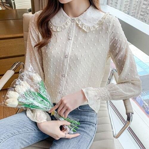 Women Dot Blouse Autumn 2021 New Sweet Blusas Peter Pan Collar Chiffon Shirts Apricot Long Sleeve Loose Tops Mujer Clothes 16964