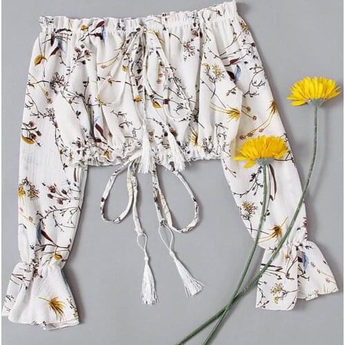 40# Women Off Shoulder T-shirts Tops Chiffon Long Flare Sleeve Print Tops Clothes T Shirt Crop Top Summer Prairie Chic T-shirt