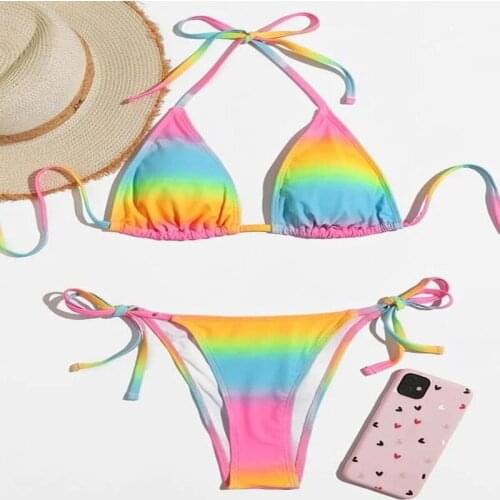 Womens Sexy Rainbow Tie-Dye Lace Up Bandage High Cut Leg Print Bikini Set Two Piece Swimsuit Hanging Neck Swimming Suit Biquini