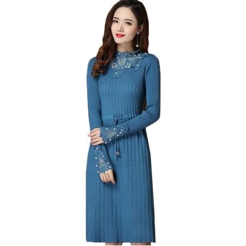 Women Knit Dress New Lace Stitching Beaded Sweater Midi Dress Slim Plus Size 3XL Pullover Long Sleeve Pull Knit Dress Female 939