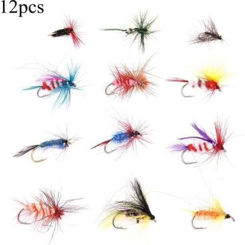12pcs/lot Colorful Insect Fly Files Fishing Lure Artificial Fishing Bait Feather Single Hooks Carp Fish Lure