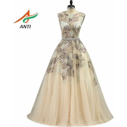 ANTI 2018 Champagne Evening Dress Luxury Embroidery Lace Formal Gowns Crystal Celebrity Dress A-Line Wedding Party Abide HQY957