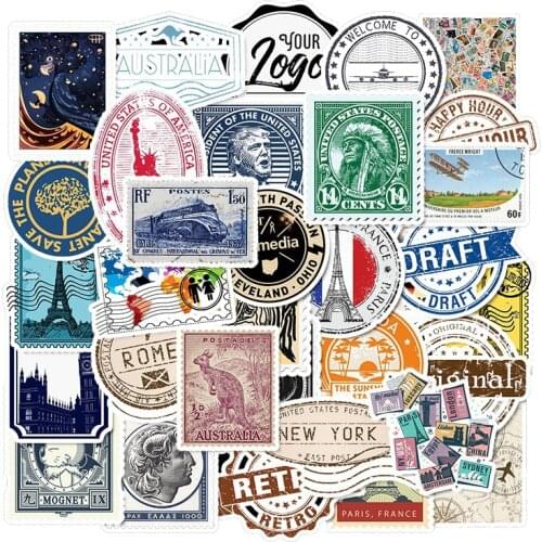 50PCS Retro Travel Stamp Stickers Waterproof Refrigerator Decoration Mixed Decals For MacBook/HP Computer Graffiti Sticker