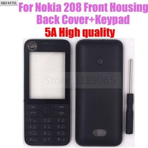 5A high quality 208 Housing For Nokia 208 Single / Dual Sim Mobile phone Full housing Back cover keypad Replace Parts